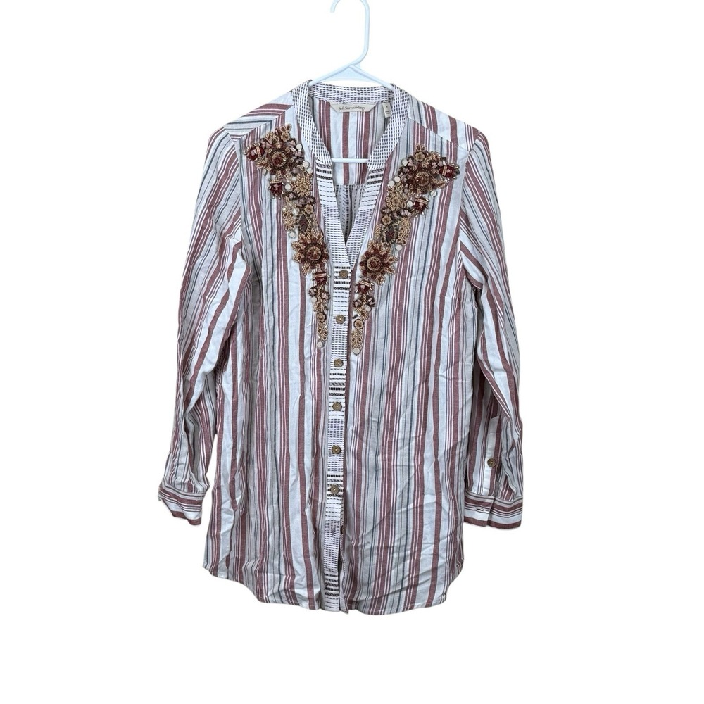 Soft Surroundings S Stripe Floral Beaded Tunic Top‎ Blouse Berry Rayon Linen EUC